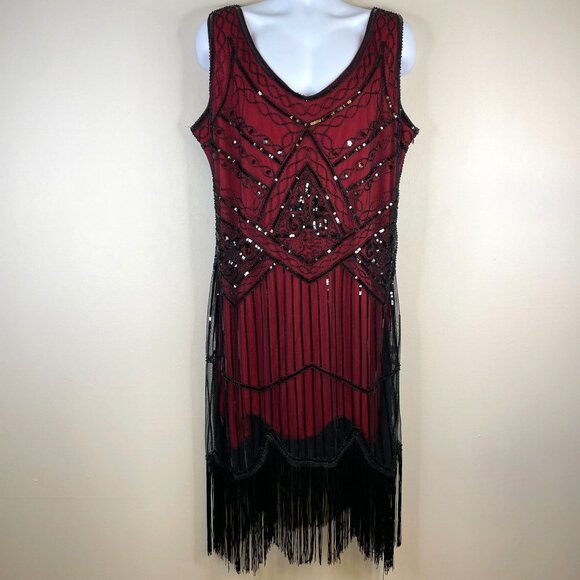 Vintage Style Gatsby Roaring 20s Flapper Fringe Dress Size 2X Red Sequin Beaded - Picture 1 of 12